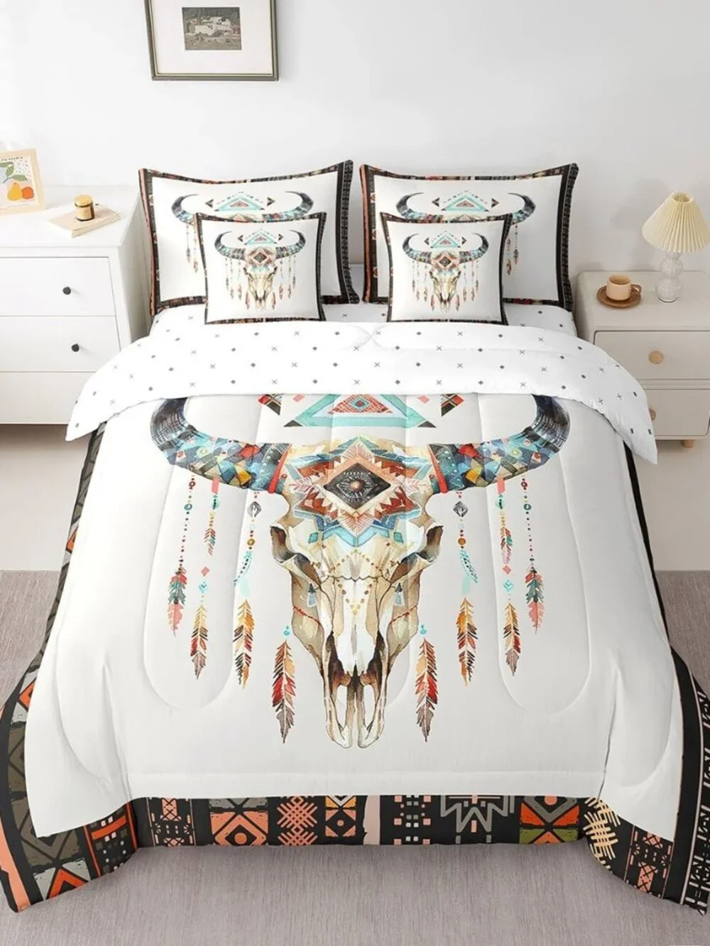 Boho Cow Skull Kids Comforter Set 7 Piece Queen Size,Watercolor Tribal Geometric